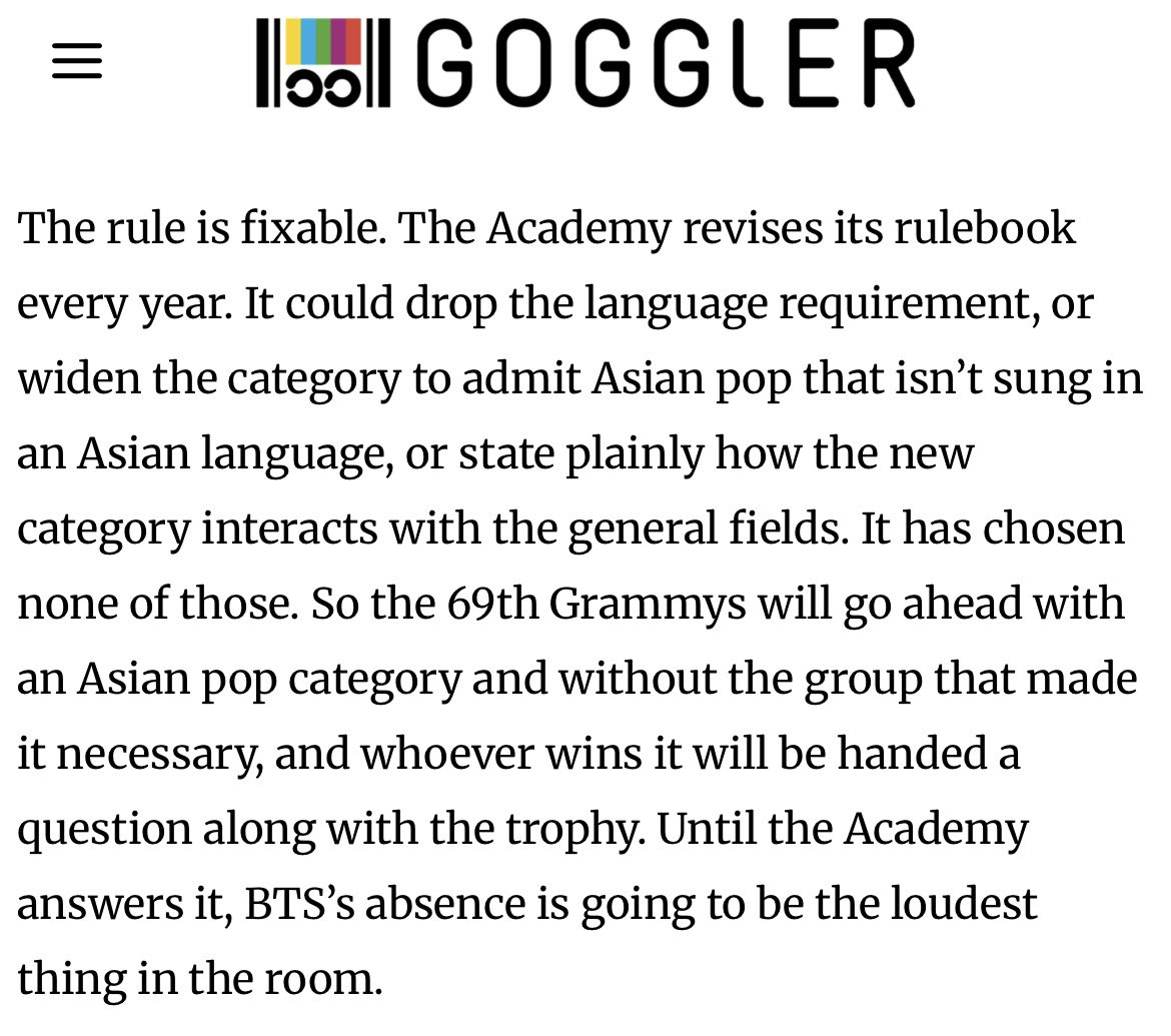 italianarmyfam_'s tweet photo. “I Grammy si terranno con una categoria Asian Pop ma senza il gruppo che ne ha reso necessaria la creazione. Chiunque la vincerà riceverà, oltre al trofeo, anche una domanda. Finché l’Academy non risponderà, l’assenza dei BTS farà più rumore di tutto il resto”

#ArtHasNoAliens https://t.co/0SHq4Vep7R