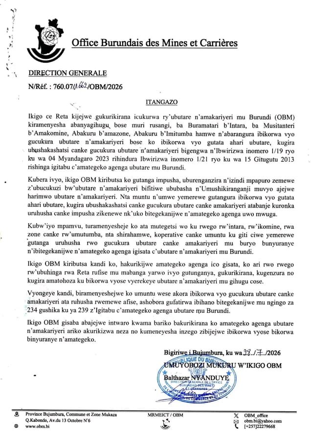 MagazineJimbere's tweet photo. ❌ Au #Burundi, l'exploitation des minerais et des carrières sans autorisation est interdite
📢 Dans un communiqué publié le 28 juillet 2026, l'Office Burundais des Mines et des Carrières (#OBM) rappelle que seules les personnes ou entreprises autorisées par le ministre ayant les Mines dans ses attributions peuvent mener des activités de prospection, de recherche ou d'exploitation des minerais et des carrières
💬 L'OBM précise qu'aucune autorité administrative, association ou coopérative n'est habilitée à délivrer une telle autorisation
⚖️ Toute exploitation illégale expose les contrevenants à des poursuites judiciaires. L'OBM appelle les autorités administratives et les forces de sécurité à renforcer les contrôles pour protéger les ressources minières du pays
#Jimbere