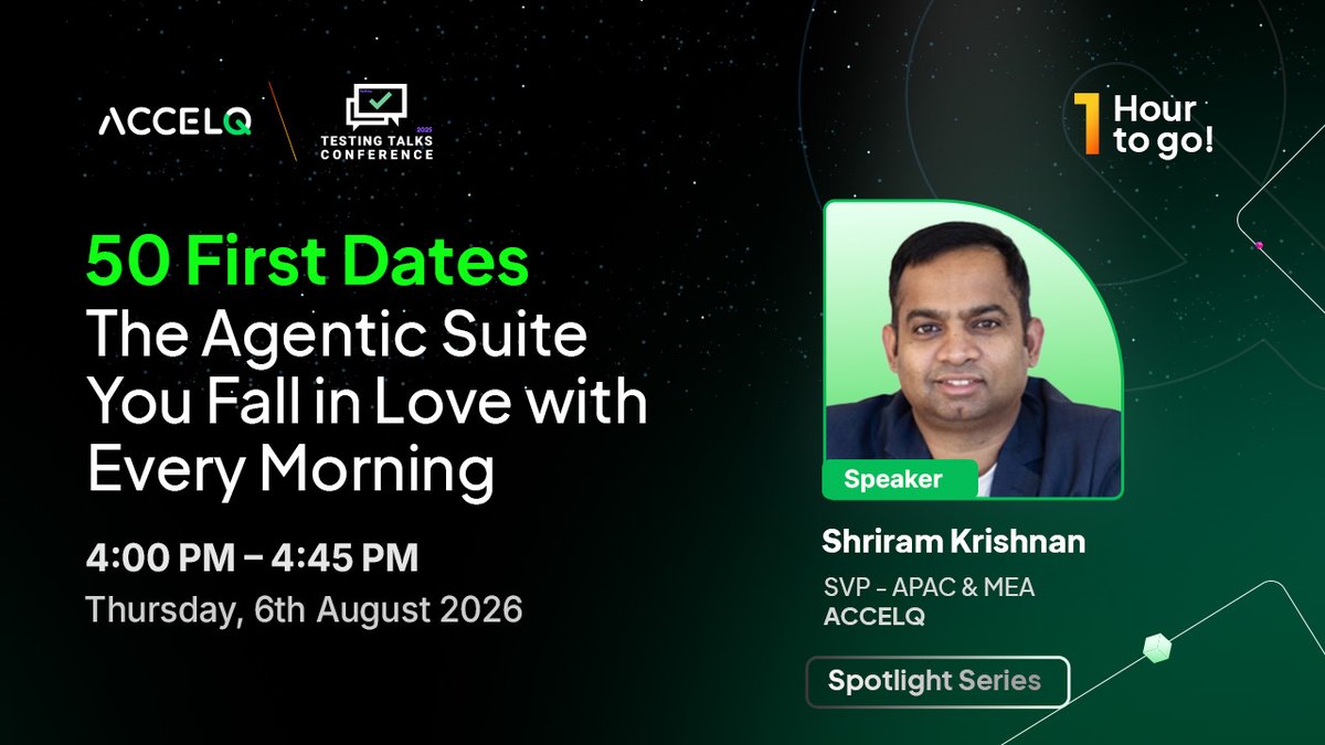 ACCELQ's tweet photo. ⏳ 1 hour until we move beyond the AI buzzwords.
Join Shriram Krishnan for a session that explores what comes next for quality engineering and why autonomous testing needs more than just AI-generated scripts.
📍 See you at Testing Talks Sydney!
#TestingTalks2026 #ACCELQ https://t.co/zcj3YntO64