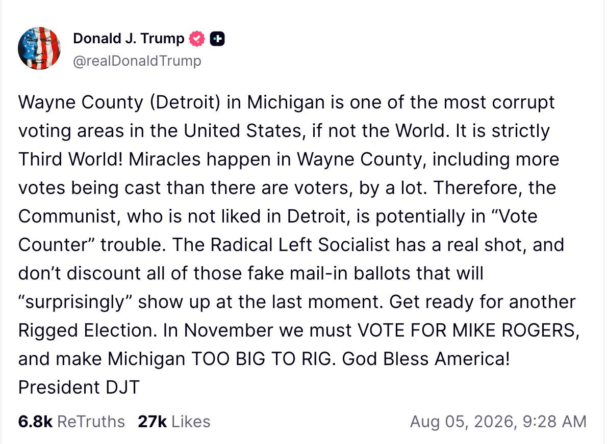 ElissaSlotkin's tweet photo. Right on cue. The President is telling us *exactly* what he’s thinking: If his side loses, he’ll claim the election is rigged. Our elections in Michigan are safe and secure. Period. That was true when you won Michigan in 2016, lost it in 2020, and won it again in 2024. Americans are simply not as stupid as you think they are.