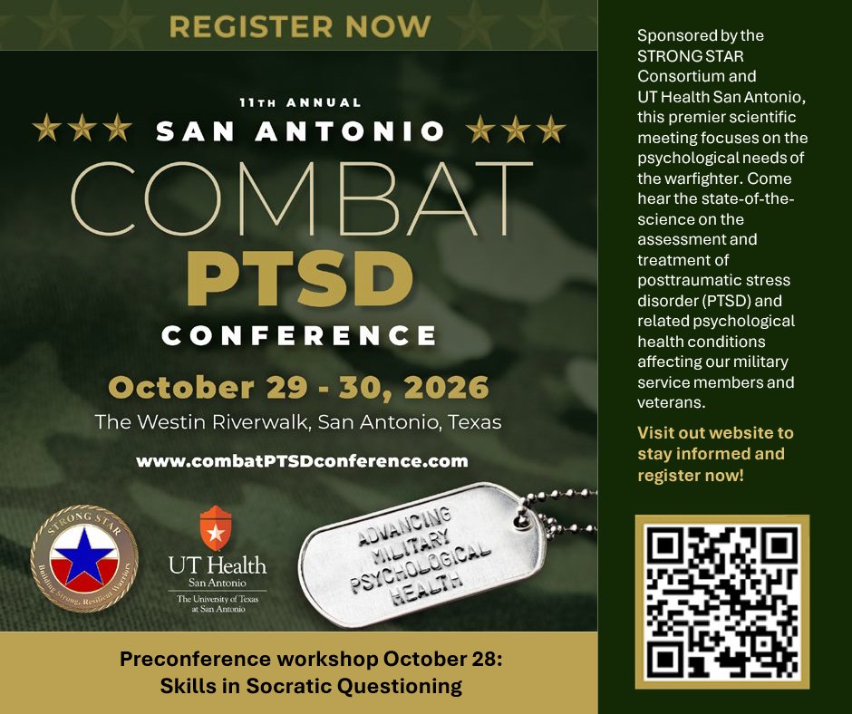 strongstar_ptsd's tweet photo. #Register now for the 2026 San Antonio Combat #PTSD #Conference! Oct. 29-30. Learn about advances in #military #psychologicalhealth, #network with field leaders, &amp; earn #CEcredits. #Workshop on Oct. 28: #training in #SocraticQuestioning. https://t.co/SDfOdCv8l3 #combatPTSD2026 https://t.co/q0tmcGzXJQ