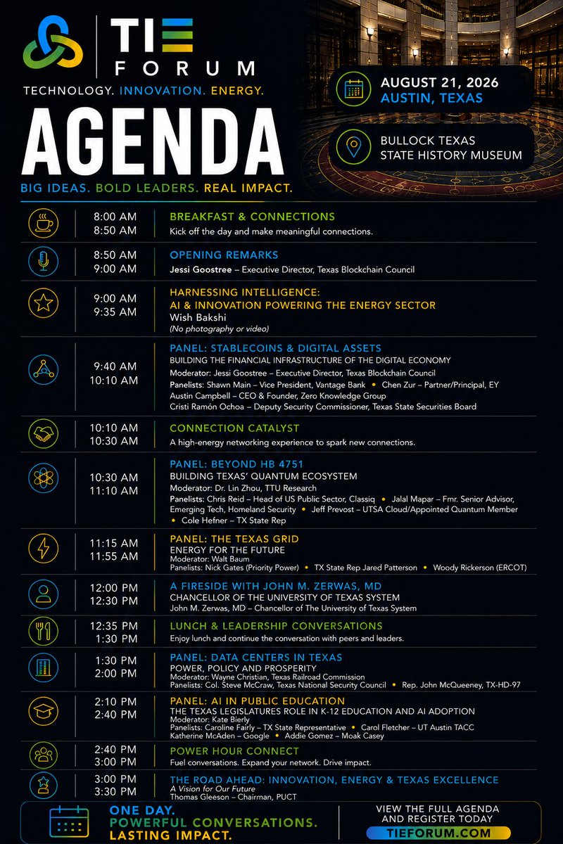 digitalinfranet's tweet photo. The full agenda for TIE Forum is here, and it's packed. 🎉
One day. Bullock Texas State History Museum. Every conversation that determines how Texas builds its future, all in the same room. If you can see yourself and your company in this agenda, we want you in the room to help drive the conversation.

Our keynote speakers:
⚡ Harnessing Intelligence: AI & Innovation Powering the Energy Sector, with Wish Bakshi
🎤 Fireside Chat with John Zerwas M.D. on leadership, service, and the future of health in Texas
🌟 The Road Ahead: Innovation, Energy & Texas Excellence, with Thomas Gleeson, Chairman, Public Utility Commission of Texas

Our feature panel topics:
💰 Stablecoins & Digital Assets: Building the Financial Infrastructure of the Digital Economy
⚛️ Beyond HB 4751: Building Texas' Quantum Ecosystem
🔌 The Texas Grid: Energy for the Future
🏢 Data Centers in Texas: Power, Policy and Prosperity
🎓 AI in Public Education: The Texas Legislature's Role in K-12 AI Adoption

Across every session, you'll hear from grid operators, regulators, legislators, national security leaders, AI engineers, and financial innovators, all tackling the questions that will define Texas' next decade.

One day. Powerful conversations. Lasting impact.

📍 Bullock Texas State History Museum, Austin, TX
🗓️ August 20, Welcome Reception at The Four Seasons, 5 to 7 PM
🗓️ August 21, TIE Forum, 8 AM to 4 PM
🔗 View the full agenda and register: https://t.co/p2UMtYdFcK