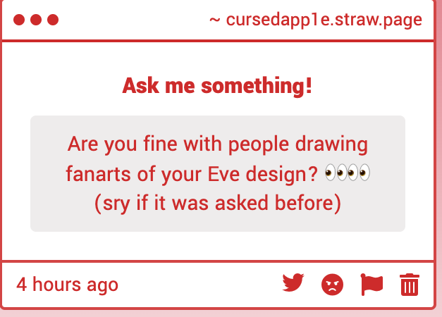 CursedApp1e's tweet photo. Honestly nothing would make me happier than seeing fanart of my Eve design! If anyone decides to, please let me know so I can share it!

https://t.co/FnuXt4bmkK https://t.co/BgI7ifQ69G
