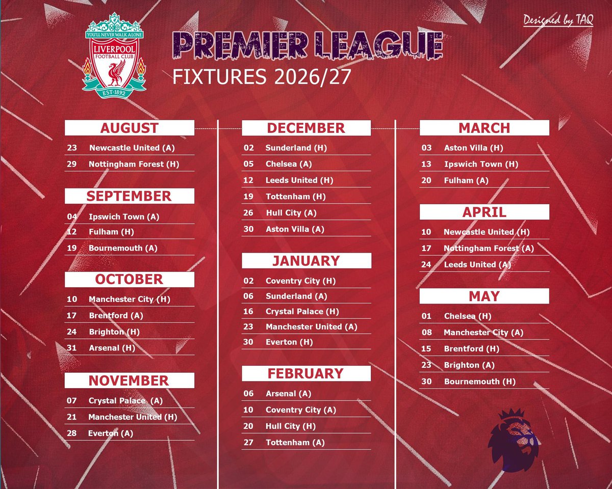 Stevofootwears's tweet photo. LIVERPOOL Full Fixtures List Season 2026/27 😊❤⚽️🏆 

#EPL #LFC #fixtureslist #YNWA #LiverpoolFC #myowndesign @LFC @OfficialFPL #newseason https://t.co/s5WtfGS1OC