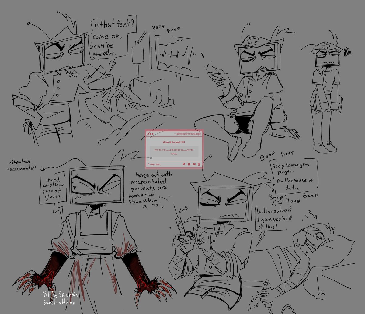 sanctusnirv's tweet photo. i never said he was a good nurse! #vox #HazbinHotel cw blood, medical malpractice, vox is his own warning me thinks https://t.co/Olfj5iUptT