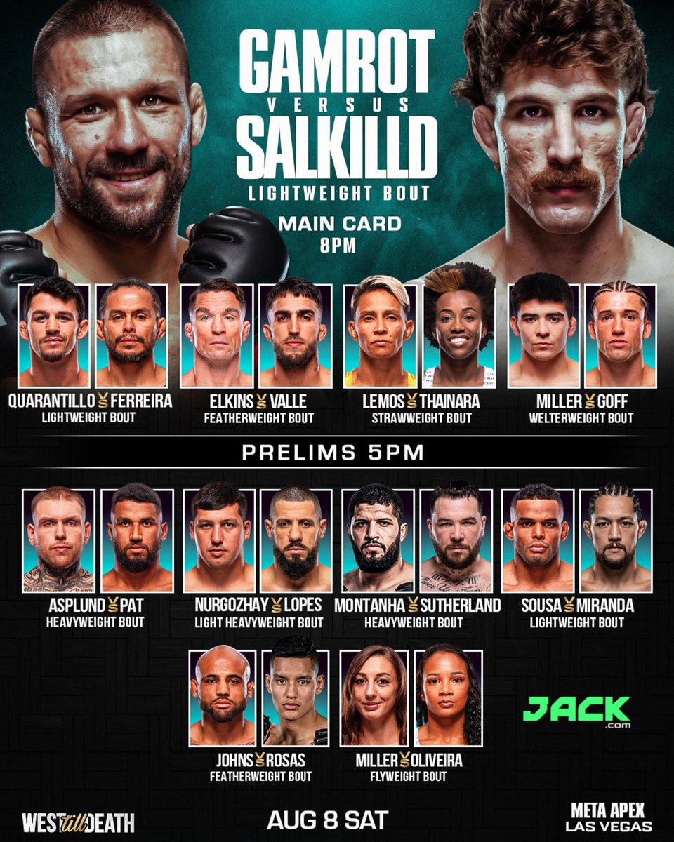 WestTillDeath's tweet photo. #UFCVegas120 Mateusz Gamrot vs. Quillan Salkilld 
📅 Saturday, August 8, 2026
📍 UFC Apex – Las Vegas, Nevada 

#ufc #mma https://t.co/hxGFsHxwQf