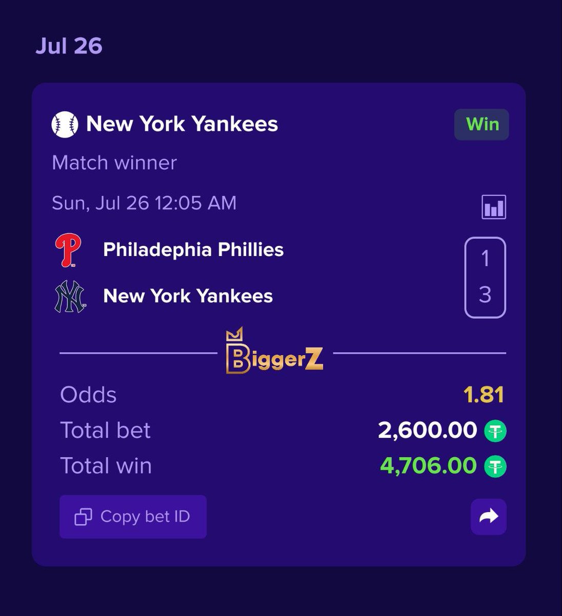 CryptoVenus_X's tweet photo. LETS GOOOOO...3-1 YANKEES! i knew my bet was solid. I'm literally shaking right now, biggest win ive had all month! https://t.co/4i5jFBOYPa