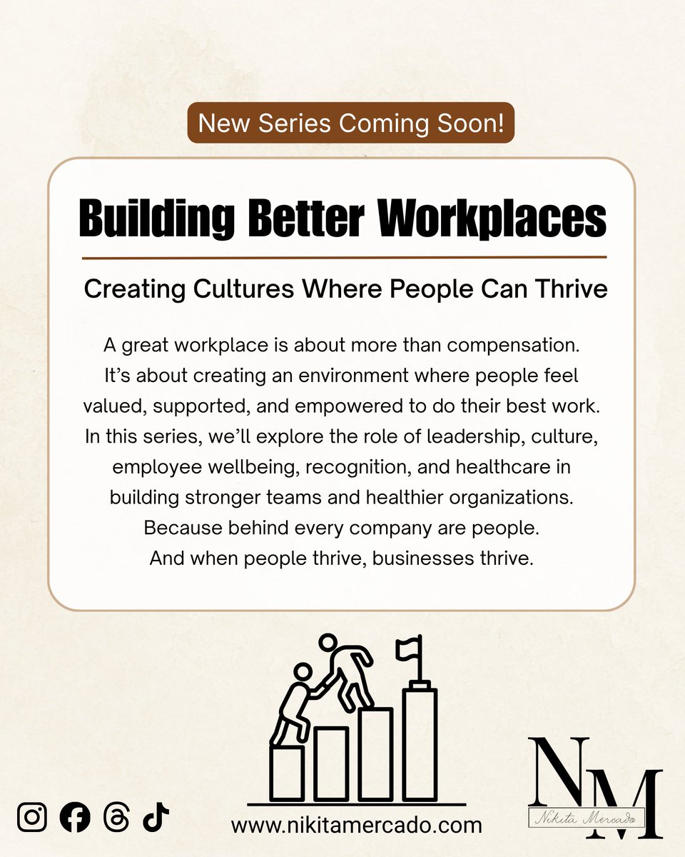 nikitamercado_'s tweet photo. Building Better Workplaces: Creating Cultures Where People Can Thrive starts today.

In this series, I'll be sharing insights on leadership, workplace culture, employee wellbeing, and what it takes to build teams where both people and businesses thrive. https://t.co/kkPsrapvNc