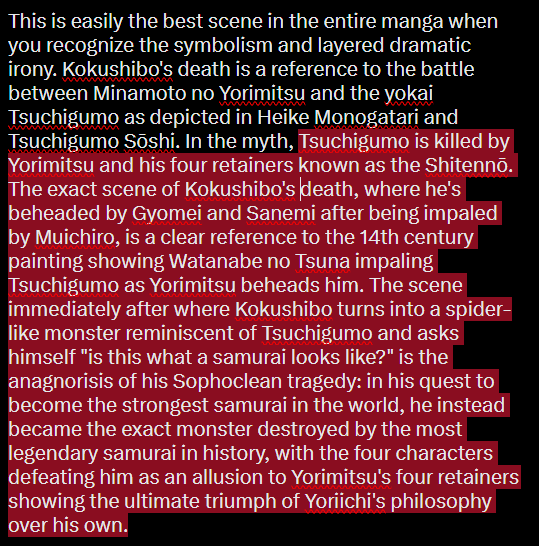 SneedChuck01's tweet photo. This is what I mean when I say Demon Slayer is a great litmus test for reading comprehension. If you think the writing is just "generic battle shonen" it's because you're not reading deeply enough into it to understand how layered it is in moments like the Kokushibo fight. https://t.co/Io0pTB4dwH