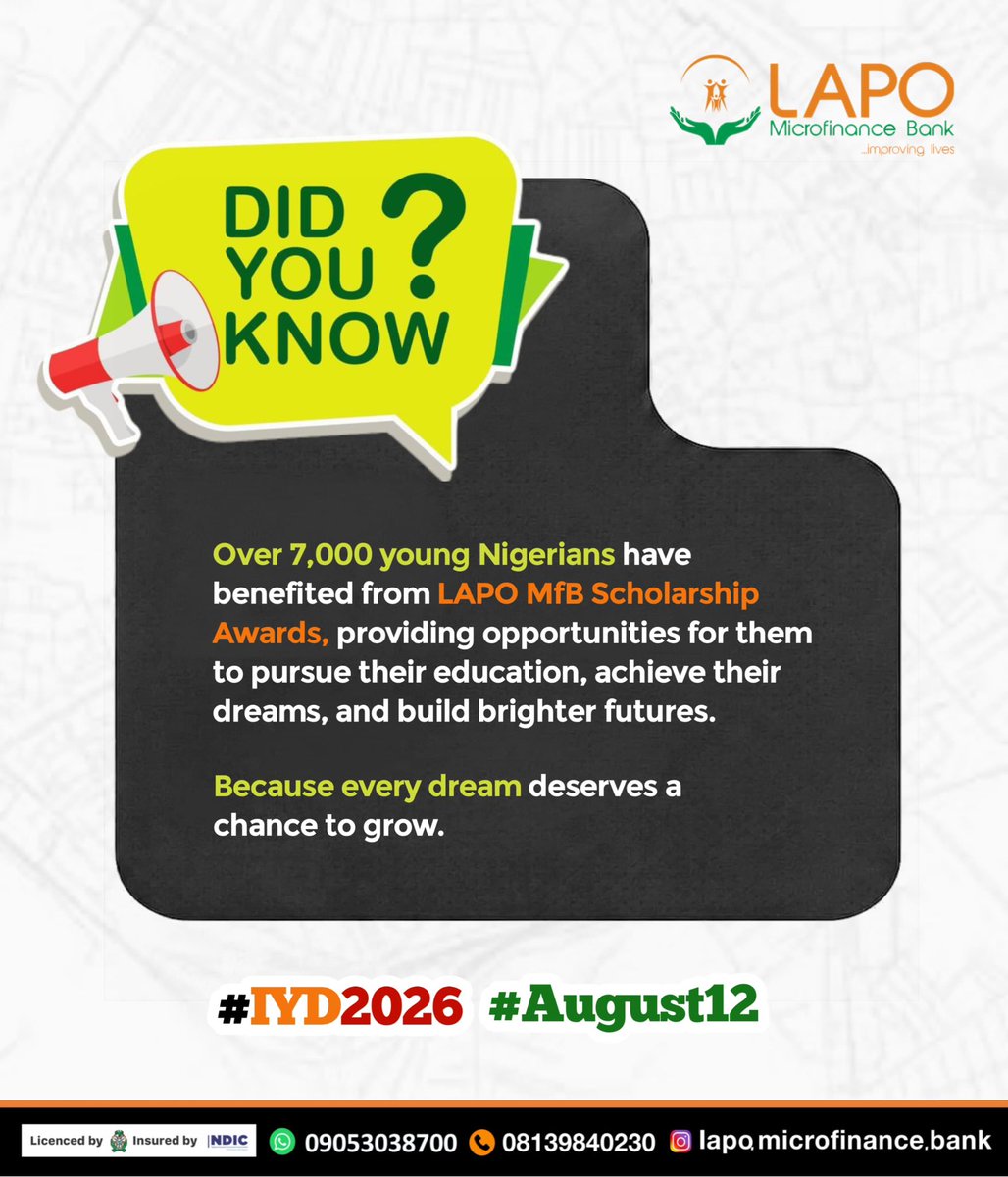 LAPO_MFB's tweet photo. Every scholarship creates new possibilities.

As we count down to International Youth Day, we’re celebrating the impact of investing in young Nigerians through education and opportunity.

Together, we’re empowering the next generation to dream bigger and achieve more.

#IYD2026 #InternationalYouthDay #YouthEmpowerment #LAPOMFB