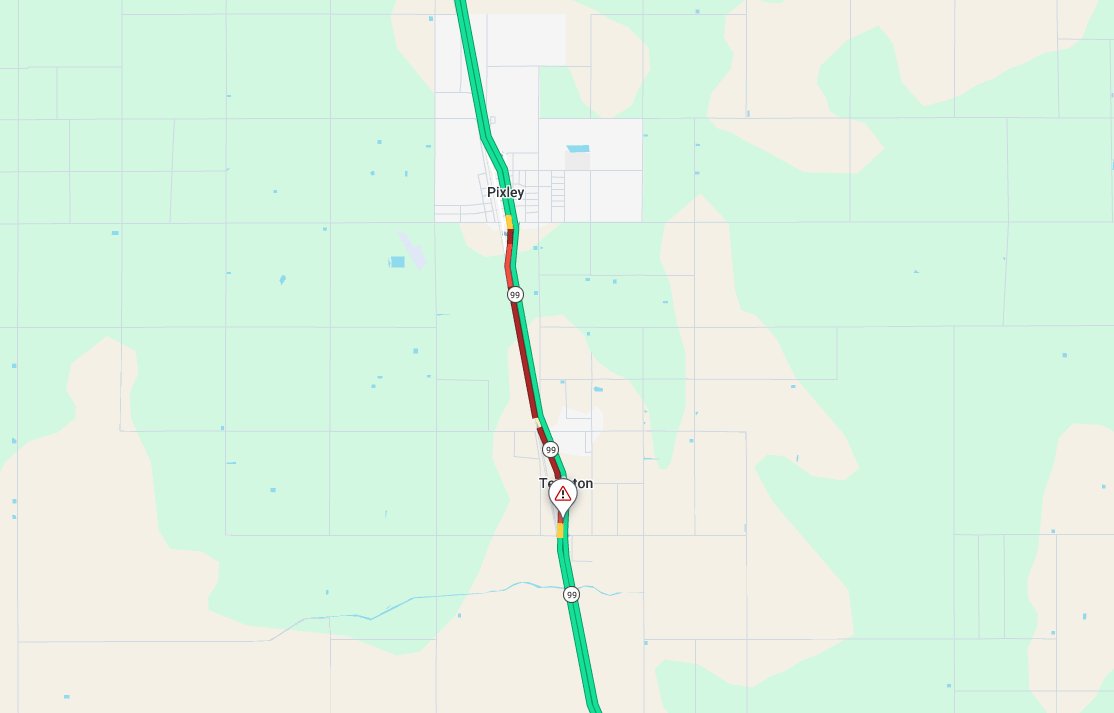 CaltransDist6's tweet photo. TULARE COUNTY: Southbound State Route 99 is currently closed at Avenue 72 in Tipton due to an overturned vehicle. Crews are on site working to remove the vehicle and debris from the roadway. No ETO at this time. https://t.co/uG3LiGLmEY