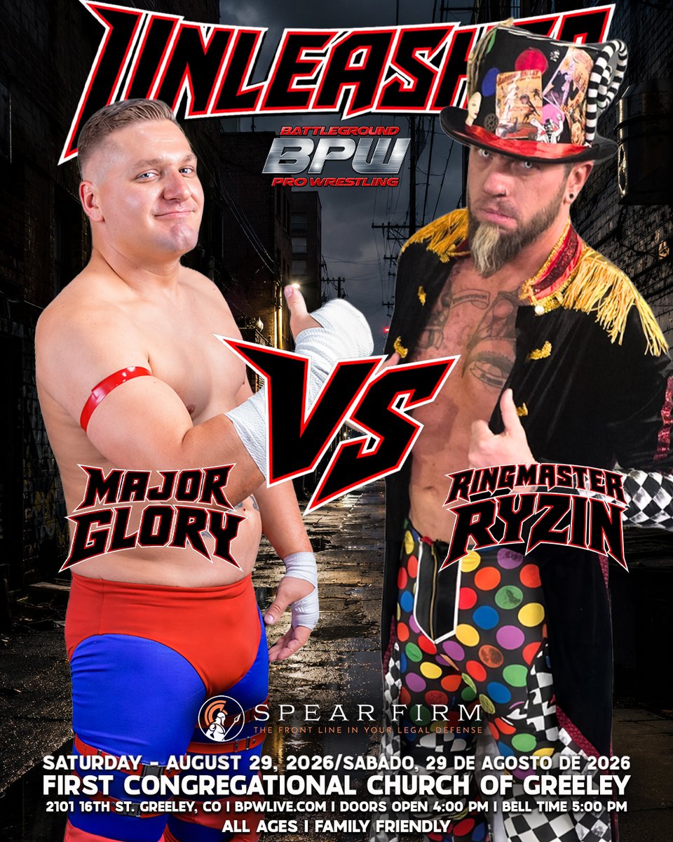 officialbpwlive's tweet photo. 🔥 The countdown is on! Colorado's award-winning live action entertainment returns to Greeley on Saturday, August 29!

🎟️ The Spear Firm Presents... BPW's UNLEASHED
📍 The First Congregational Church of Greeley
🚪 Doors: 4 PM | 🔔 Bell: 5 PM
Get your tickets now at https://t.co/dvXT3OhMZt and experience the excitement LIVE!
#BPW #BPWUnleashed #TheSpearFirm #ProfessionalWrestling #ColoradoWrestling #GreeleyCO #LiveEntertainment #FamilyFun #TraditionHonorMayhem #BPWLive