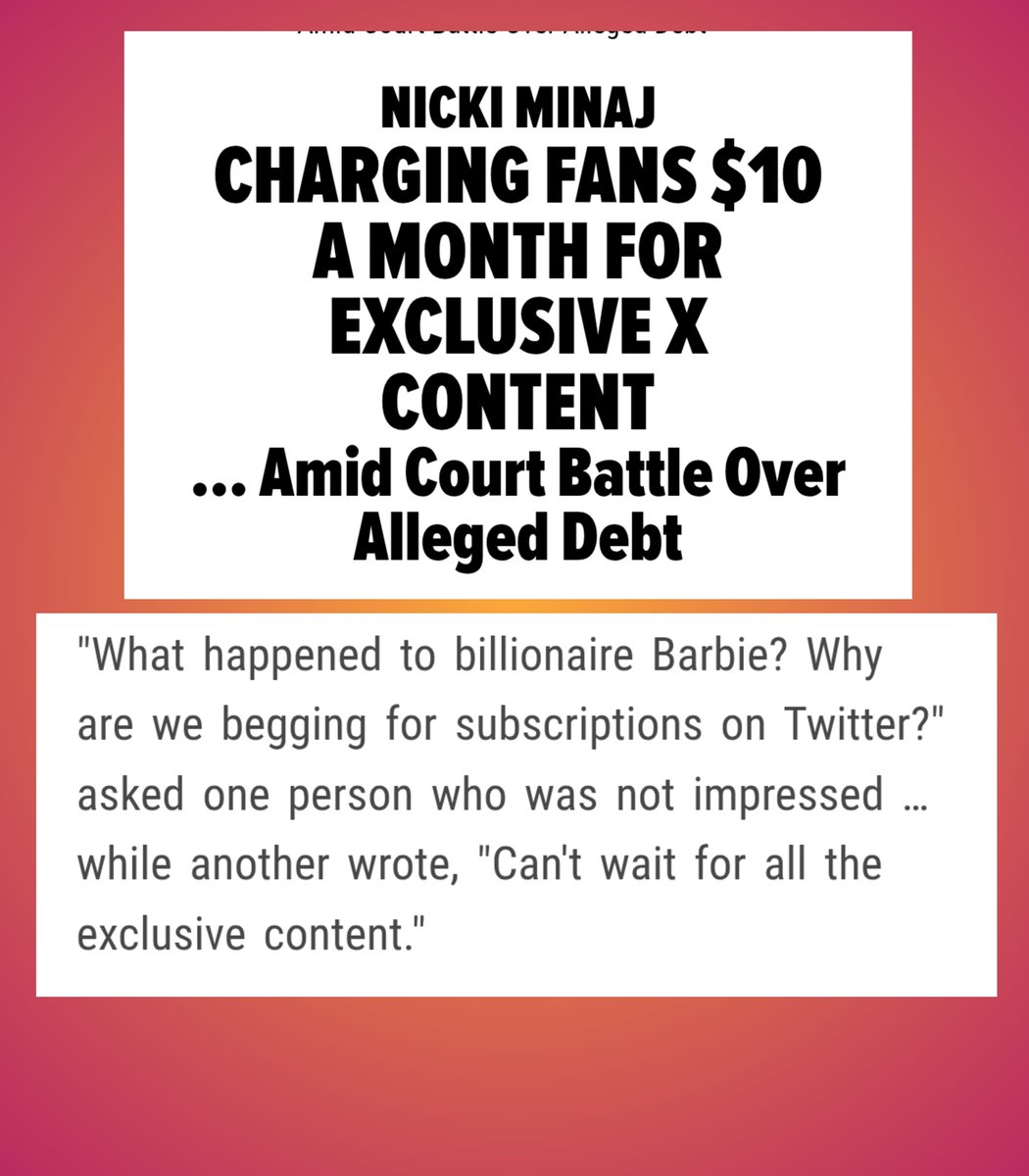 RedMedia_us's tweet photo. TMZ questions Nicki Minaj's billionaire status after she started charging $10 for exclusive contents on X:

"What happened to billionaire Barbie? Why are we begging for subscriptions on Twitter?" https://t.co/bV0HMHJIg8