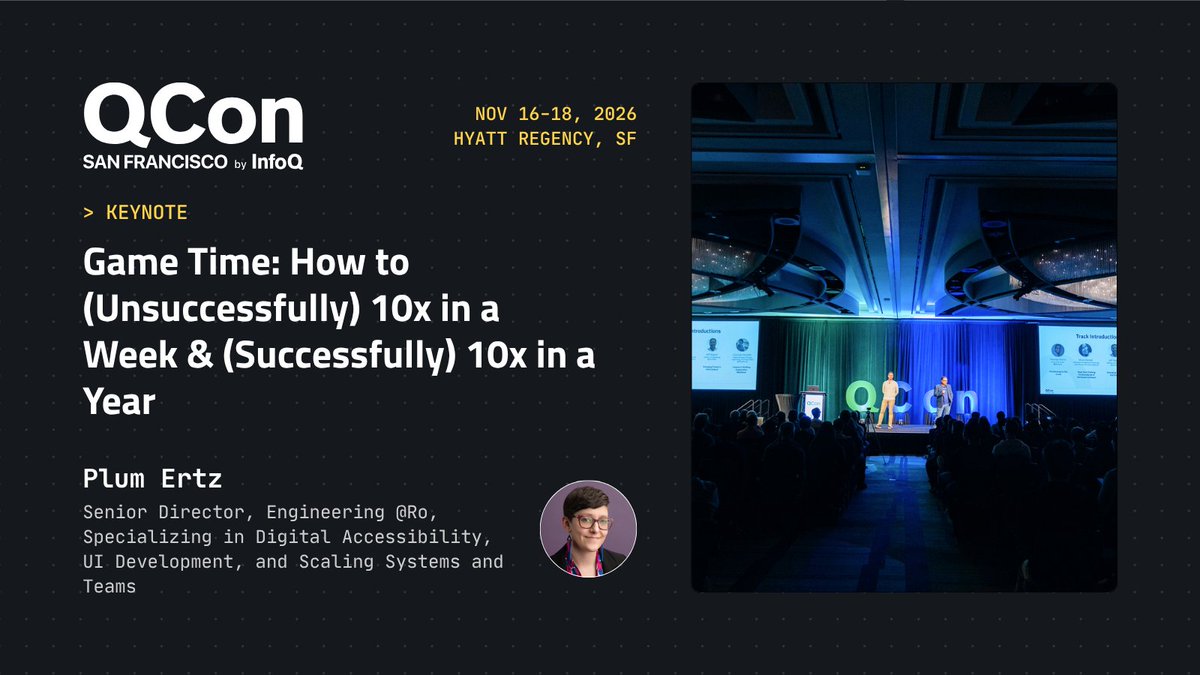 QConSF's tweet photo. A telehealth company built for validation, not scale.
Then scale arrived overnight.
Plum Ertz @Ro on the first attempt that failed, and the playbook that worked at #QConSF 2026 (Nov 16-18.)
๐ https://t.co/pCNY322Jwo https://t.co/6MLxdsN7J9