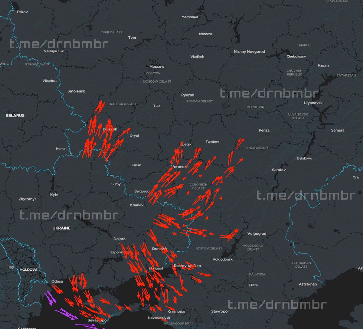 front_ukrainian's tweet photo. ❗️A large group of Ukrainian kamikaze drones flew to attack Russian regions and temporarily occupied territories. https://t.co/eKExBFHFon