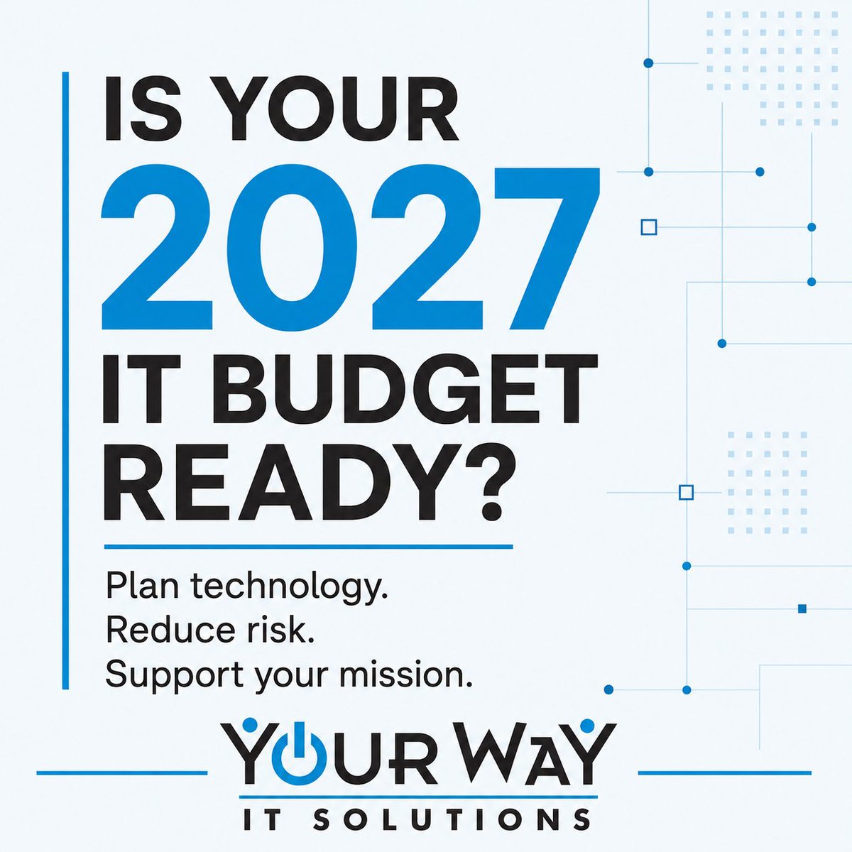 YourWayIT's tweet photo. Is your organization’s 2027 IT budget ready?

Plan now for cybersecurity, compliance, software costs, equipment replacements, and board or audit needs. 

YWITS helps nonprofits and small businesses build practical IT roadmaps and budgets. 

DM us to connect.

#NonprofitIT #YWITS https://t.co/HWQXnjY2dq