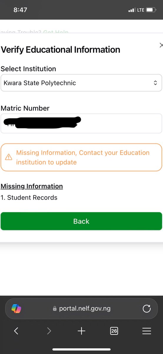 _Seun02's tweet photo. Kwara State Polytechnic students, is anyone else facing this NELFUND issue?
I selected Kwara State Polytechnic and entered my correct matriculation number , but the portal keeps showing this error:
“Missing Information…”
@Kwarapoly_sug @Kwarapoly @NELFUND

#NELFUND #KwaraPoly https://t.co/nhhhrgrVrW