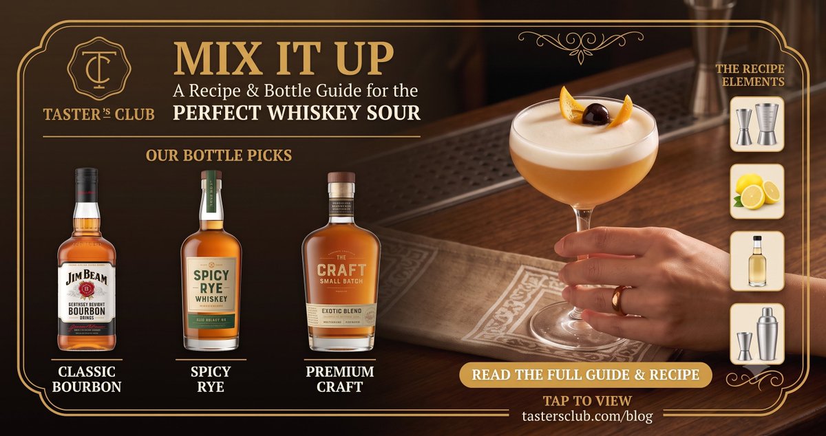 TastersClub's tweet photo. Whiskey Sour Day! Not all whiskeys are built for a Whiskey Sour 🥃 Here are the 10 best to use — from Wild Turkey 101 to Jack Daniel's. > https://t.co/2dbYcpMTy4 https://t.co/eH67jytzjy