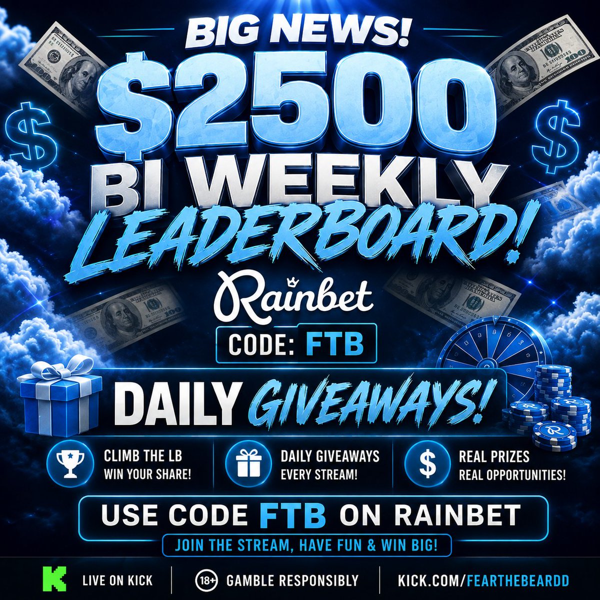 Mike_Shamon's tweet photo. 🚨 BIG NEWS! 🚨

We're leveling up! 💙

💰 $2,500 BI-WEEKLY LEADERBOARD
🎁 DAILY GIVEAWAYS
🔥 All under CODE: FTB on @Rainbet
Let's build the strongest community on Kick! See you live! 👑💙 #Rainbet #KickStreaming Love you all for the support! https://t.co/cf6NsU4lRr