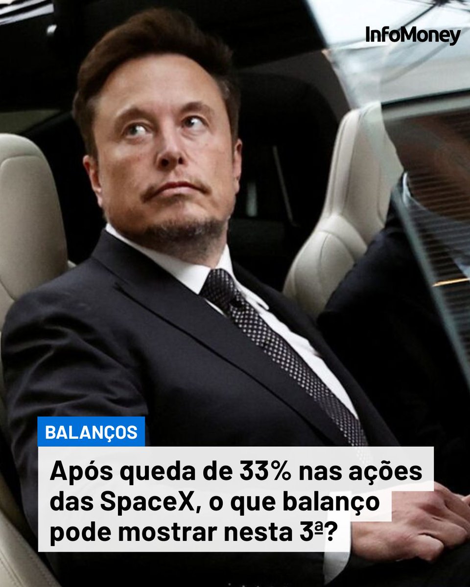 infomoney's tweet photo. Segundo estimativas compiladas pela Bloomberg, a SpaceX deve registrar receita de US$ 6,87 bilhões entre abril e junho, acima dos US$ 4,7 bilhões apurados nos três primeiros meses do ano

Leia mais no site do InfoMoney: https://t.co/cEpzL3UuiW

Foto: Tingshu Wang/Reuters

#ElonMusk #SpaceX #Ações #Balanços #InfoMoney