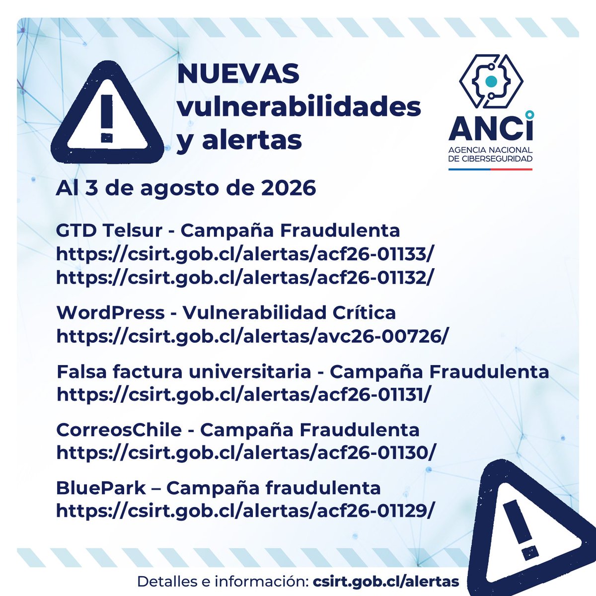 ANCIChile's tweet photo. ⚠️ Estas son las más recientes alertas de fraude y vulnerabilidades publicadas por la Agencia Nacional de Ciberseguridad (ANCI)
💡 Recuerden revisar al menos todos los días nuestras alertas: https://t.co/oldfQUd8tA
#ANCI #ciberseguridad https://t.co/opT5yfozlq