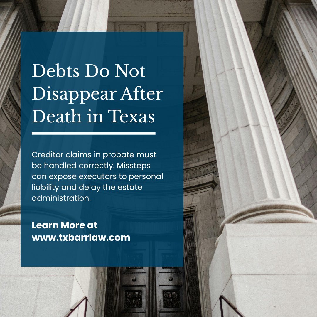 txbarrlaw's tweet photo. Creditors can make claims against a Texas estate after death. Executors who get this wrong can face personal liability. Get it right. 📋 https://t.co/rlrtQ6EYC7

#TexasLaw #BarrLaw #EstateAdministration #ProbateAttorney #EstateLaw https://t.co/tpKN1u9HOl