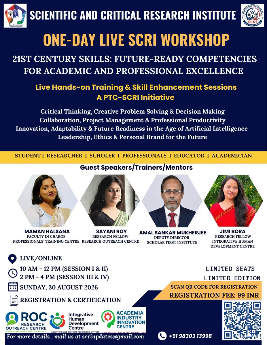 scri_official's tweet photo. 📢 Register Now | SCRI One-Day Live Workshop 2026

One-Day PTC-SCRI Live Workshop on '21st Century Skills: Future-Ready Competencies for Academic and Professional Excellence'

#SCRI #SCRIKolkata #SCRILiveWorkshop #21stCenturySkills #SkillDevelopment #ProfessionalGrowth https://t.co/b8WUth5Q1V