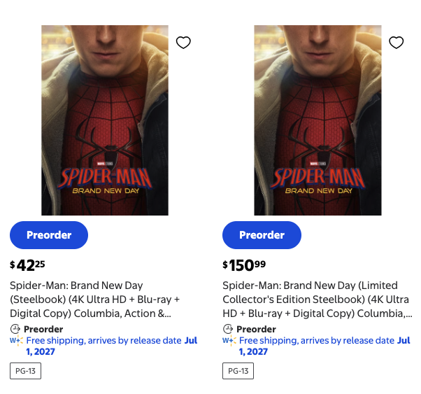 funkofinderz's tweet photo. Restock: Spider-Man: Brand New Day (Limited Collector's Edition Steelbook) (4K Ultra HD + Blu-ray + Digital Copy) at Walmart

https://t.co/kyLcwXhIeE

* No Charge Until it Ships

#Ad #Marvel #SpiderMan #SpiderManBrandNewDay #BrandNewDay #Steelbook https://t.co/dUxFy7BvAc