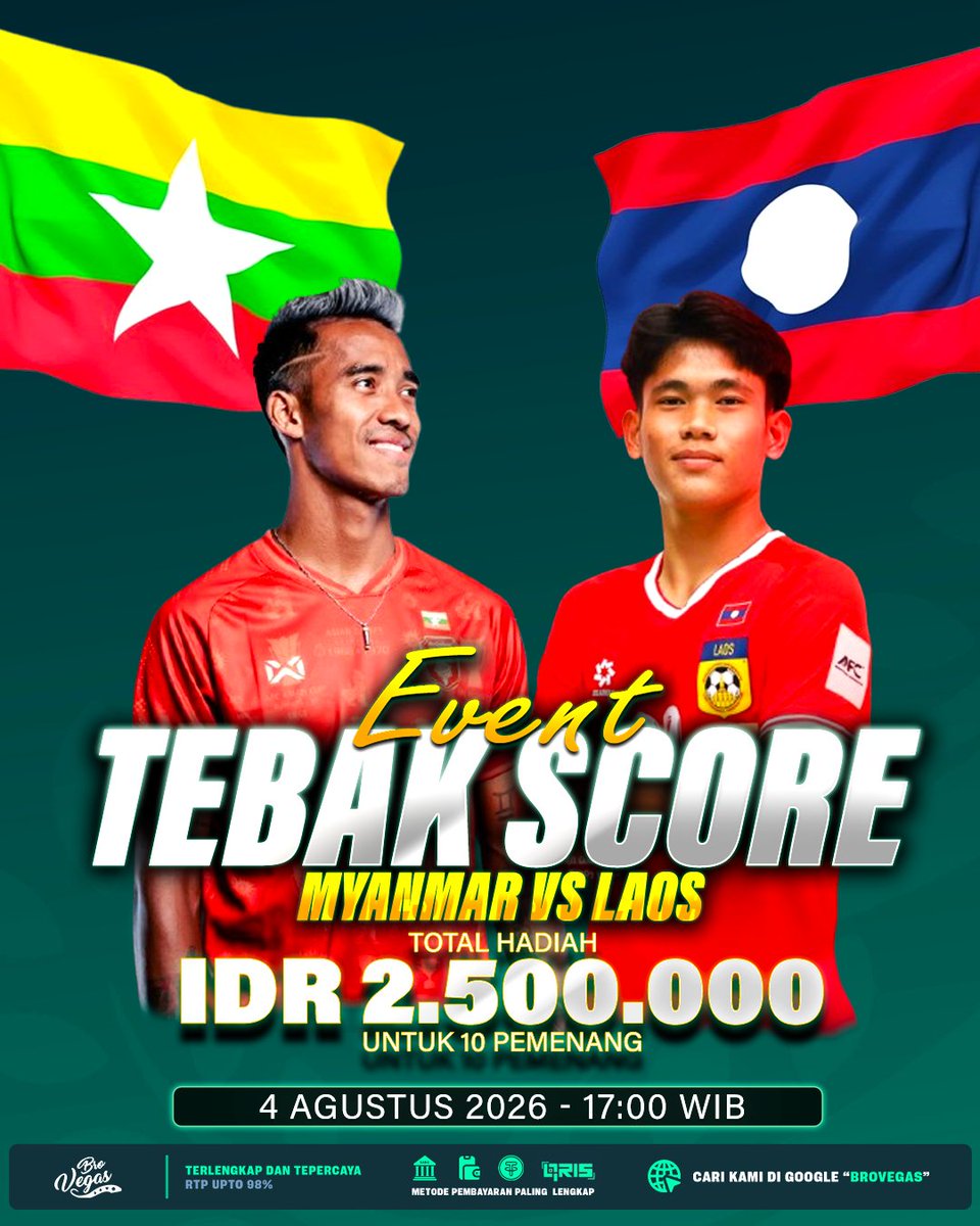 BvegasTeam's tweet photo. 🏆 EVENT SPESIAL TEBAK SKOR ASEAN CHAMPIONSHIP 2026 🏆

Myanmar 🆚 Laos
🗓 4 Agustus 2026
⏰ 17.00 WIB

🎯 Cara ikut gampang:
✅ Tebak skor di https://t.co/8EfU6juQPO
✅ Bet minimal Rp20.000 melalui WIN568, SABA, atau CMD https://t.co/RskmLVBEQ1