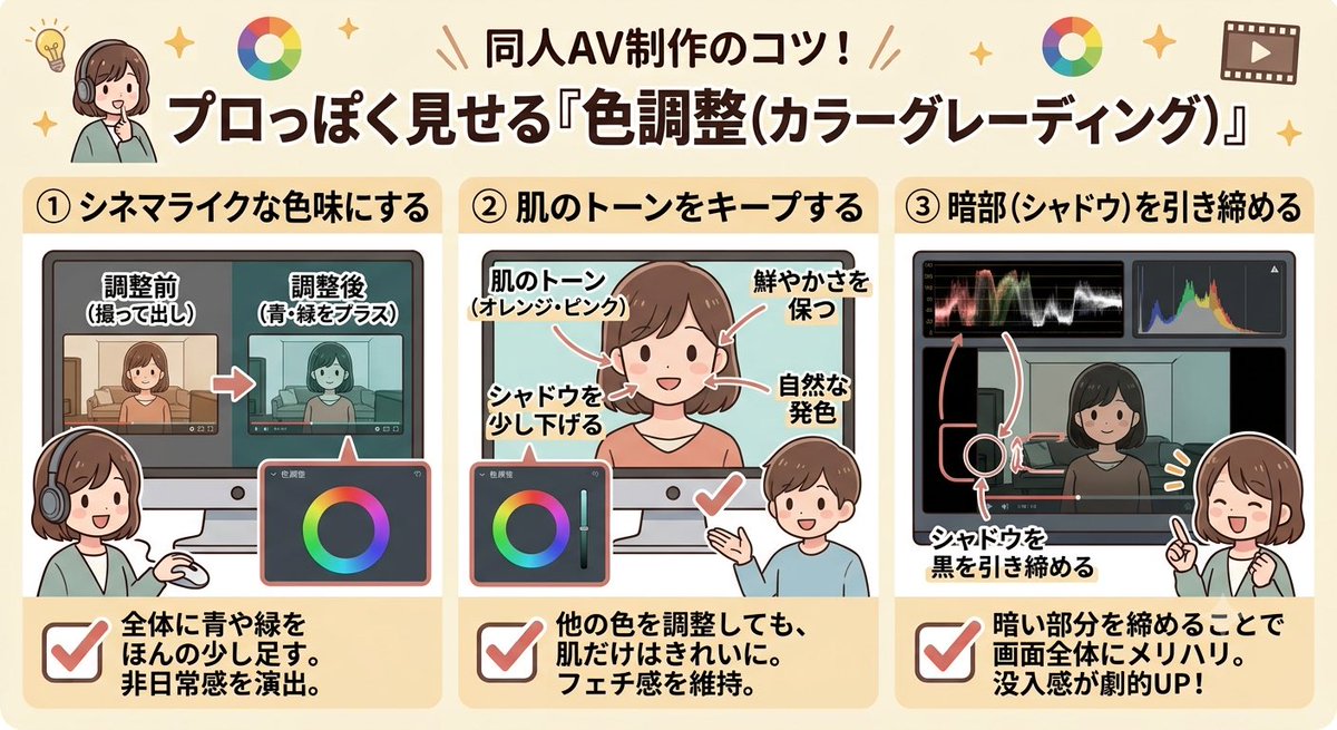 DojinAV_school's tweet photo. 同人AV制作で「なんか映像が日常っぽすぎて、エロさや雰囲気に欠ける…」という時に試したい、簡単「色調整（カラーグレーディング）」テク。

カメラで撮ったままの映像だと、実家感や生活感が出すぎてしまいがちです…！
一気にプロっぽく見せる色調整テク3選を伝授します👇

① 全体的に「ほんの少し青・緑」を足してシネマライクにする
② 肌のトーン（オレンジ・ピンク）だけは鮮やかさをキープ
③ 暗い部分（シャドウ）を少し締めて、画面を引き締める

「現実感」を少し削って「非日常感」を作るのが色調整のコツ。編集ソフトのプリセット（LUT）を薄くかけるだけでも劇的に変わります！