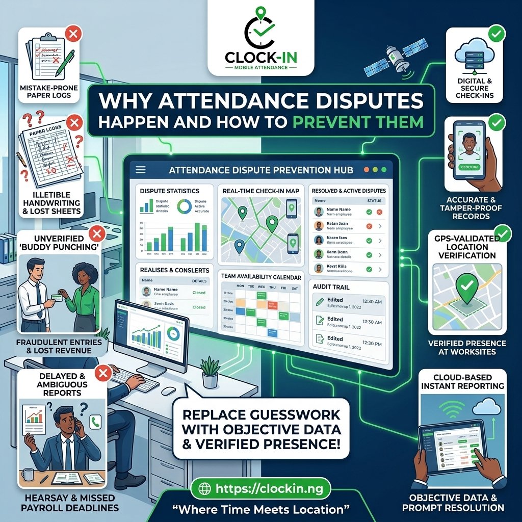 ClockInNG's tweet photo. Attendance disputes often come from manual errors, missed clock-ins, buddy punching, or unclear records. Clock-In uses GPS validation and accurate attendance reports to reduce disputes and improve workforce accountability.

https://t.co/6FyGcYxn4r

#ClockIn #WorkforceManagement https://t.co/sbN2YZzINL