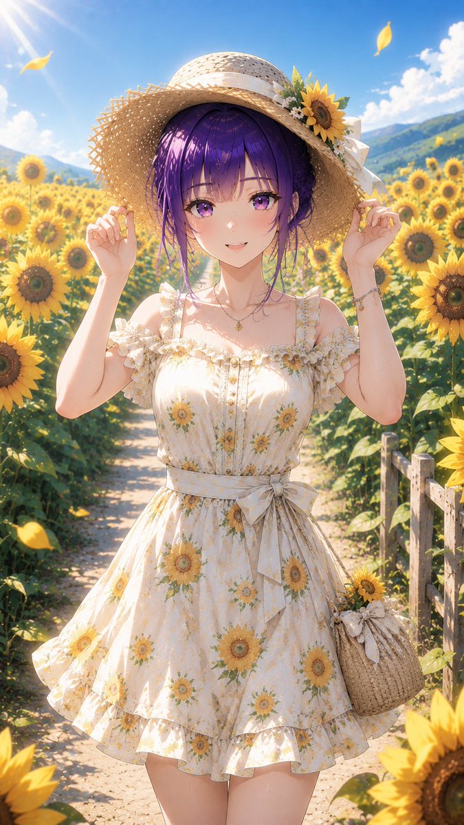夏陽の彼方に向日葵の笑み まずは定番のスタイルですけどひまわり畑に