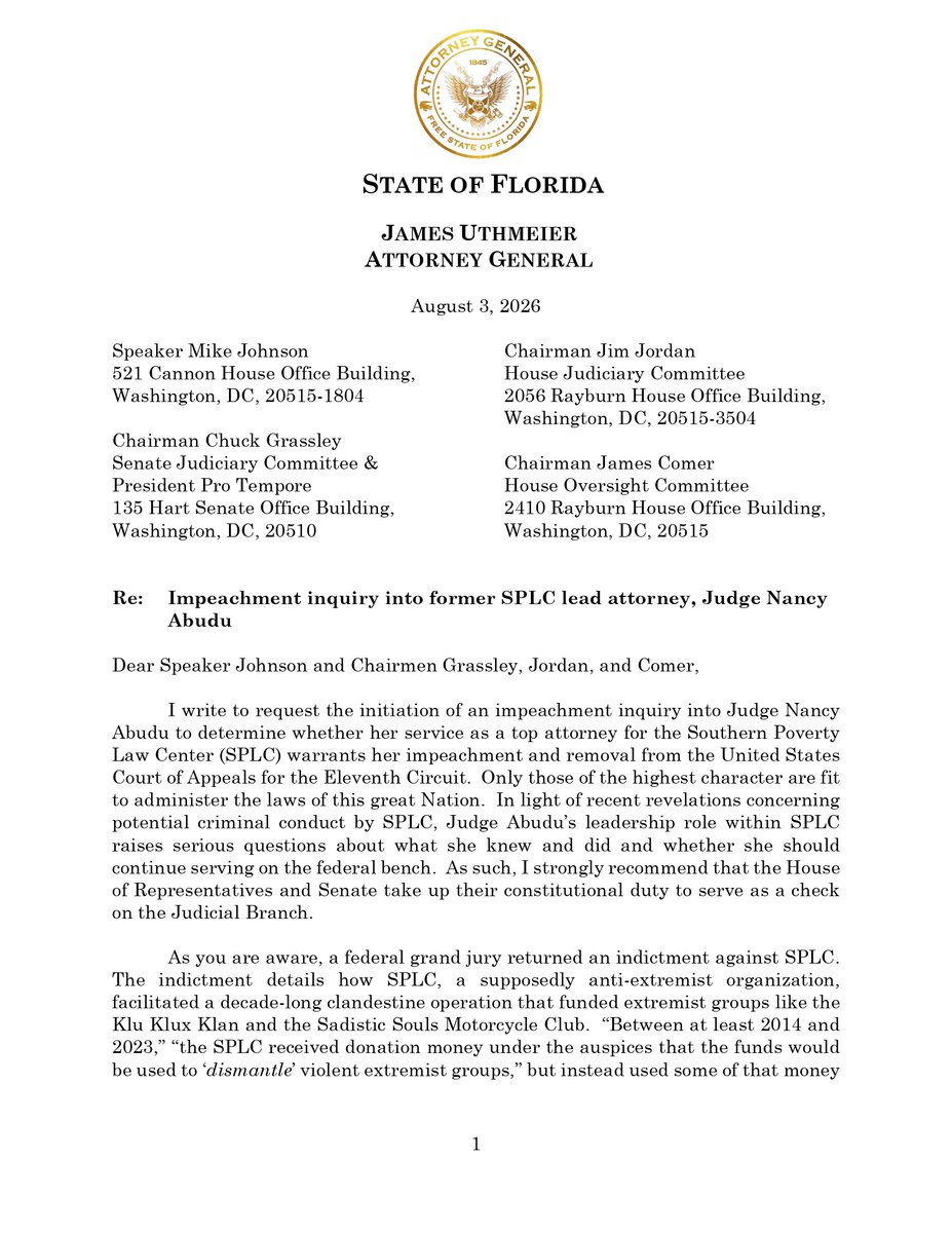 AGJamesUthmeier's tweet photo. Today, I sent a letter to Speaker Johnson &amp; Chairmen Grassley, Jordan, and Comer requesting an impeachment inquiry into Judge Nancy Abudu.

Judge Abudu served as SPLC’s Director of Strategic Litigation during part of its alleged fraud that funded the KKK with donor money. https://t.co/p01fEcFBGz