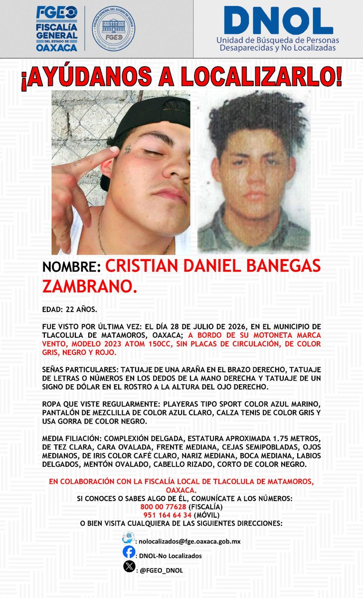 ELPINERO's tweet photo. #RELEVANTE🗣️🆕 |  Agosto inicia en #Oaxaca con tres jóvenes reportados como desaparecidos, entre ellos una menor de 14 años

➡️ Los casos corresponden a Santa María #Atzompa, Villa de #Etla y #Tlacolula de Matamoros; las investigaciones permanecen abiertas.

➡️ La Unidad de Búsqueda de Personas Desaparecidas y No Localizadas (DNOL) solicitó el apoyo de la ciudadanía para obtener información que permita su localización.

https://t.co/FJQqnAHZSc