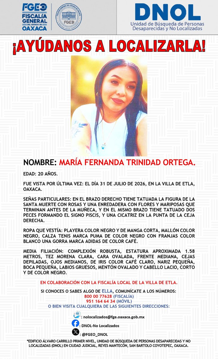 ELPINERO's tweet photo. #RELEVANTE🗣️🆕 |  Agosto inicia en #Oaxaca con tres jóvenes reportados como desaparecidos, entre ellos una menor de 14 años

➡️ Los casos corresponden a Santa María #Atzompa, Villa de #Etla y #Tlacolula de Matamoros; las investigaciones permanecen abiertas.

➡️ La Unidad de Búsqueda de Personas Desaparecidas y No Localizadas (DNOL) solicitó el apoyo de la ciudadanía para obtener información que permita su localización.

https://t.co/FJQqnAHZSc