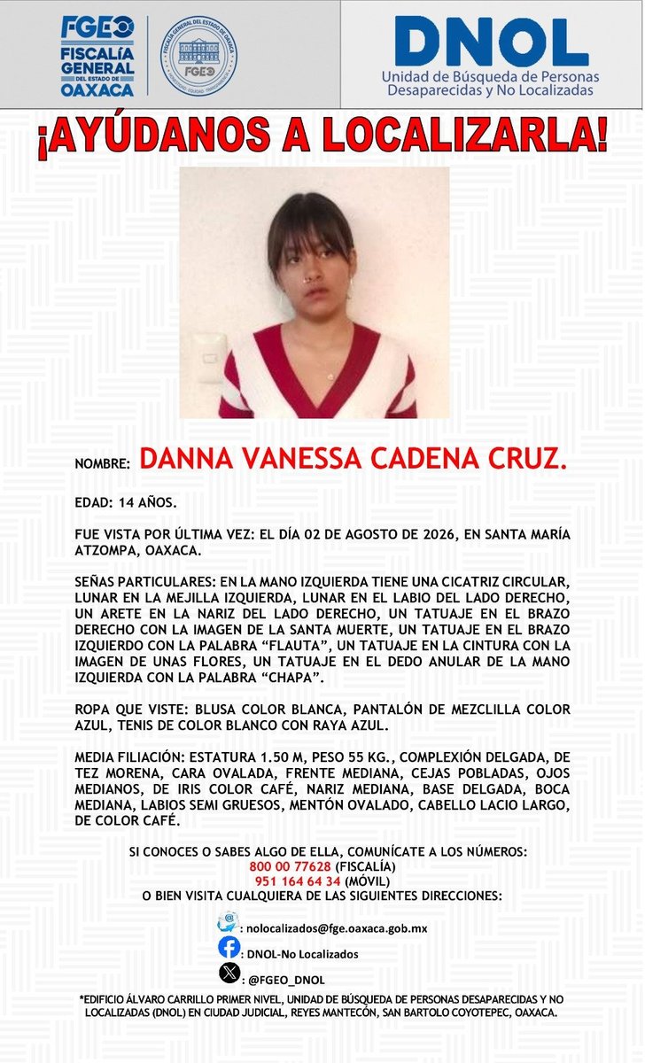 ELPINERO's tweet photo. #RELEVANTE🗣️🆕 |  Agosto inicia en #Oaxaca con tres jóvenes reportados como desaparecidos, entre ellos una menor de 14 años

➡️ Los casos corresponden a Santa María #Atzompa, Villa de #Etla y #Tlacolula de Matamoros; las investigaciones permanecen abiertas.

➡️ La Unidad de Búsqueda de Personas Desaparecidas y No Localizadas (DNOL) solicitó el apoyo de la ciudadanía para obtener información que permita su localización.

https://t.co/FJQqnAHZSc