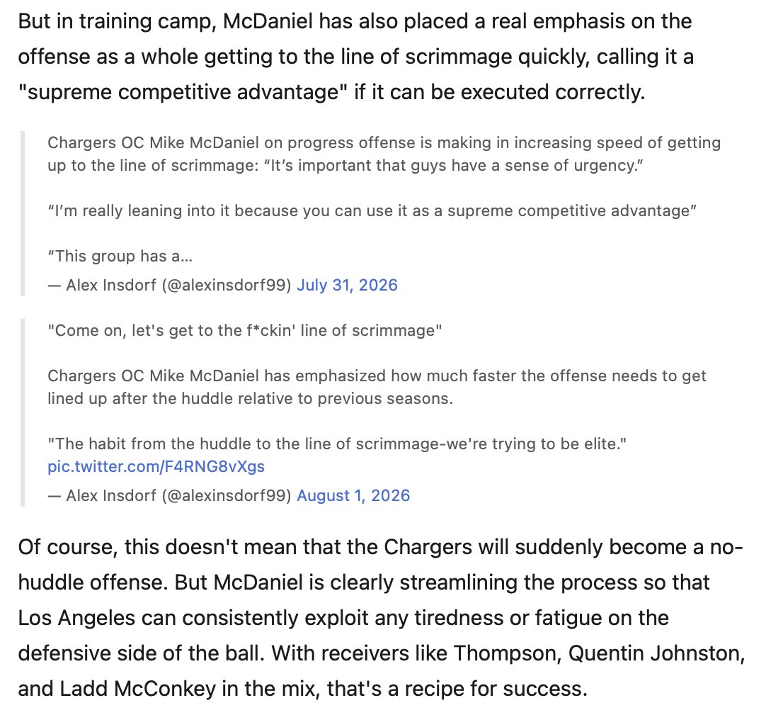 DhananiZain's tweet photo. Regarding Tempo for Chargers Offense:

I find this really interesting because McDaniel's O with Miami were always slow in terms of pace

This could just be getting to the LOS fast and still calling the play slow

or it could be that McDaniel is shifting a bit if he feels Justin Hebert and the O is special and wants to operate faster because of that (compared to Tua)

I lean that its just getting to the LOS faster so they can look at the Defensive Personnel/alignment, but something I am going to watch closely for

Would be crazy upside if they operated even at league average

via @GCBellchamber