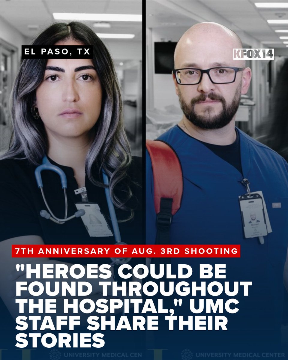 KFOX14's tweet photo. On the 7th anniversary of the Aug. 3 Walmart mass shooting, the University Medical Center of #ElPaso shared the stories of seven employees who worked that day. https://t.co/5l42jt2Gnh 📷: #UMC #ElPasoStrong #Aug3rdshooting #Walmartshooting https://t.co/Pusz16cpPj