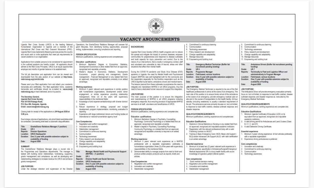 UgandaRedCross's tweet photo. 🚨 We're Hiring!

Join the Uganda Red Cross Society and be part of a team making a difference in communities across Uganda.

Explore our current vacancies on our website:
https://t.co/OnIQb8klYV

📌 Current Opportunities:
↪️ Grants/Donor Relations Manager
↪️ Manager, Mental Health and Psychosocial Support (MHPSS)
↪️ Emergency Medical Technician 
(Buffer List Recruitment – Pending Funding)
↪️ Ambulance Drivers (Buffer List Recruitment – Pending Funding)

You can also find these vacancies in today's @newvisionwire newspaper.

Apply now and be part of our humanitarian mission.