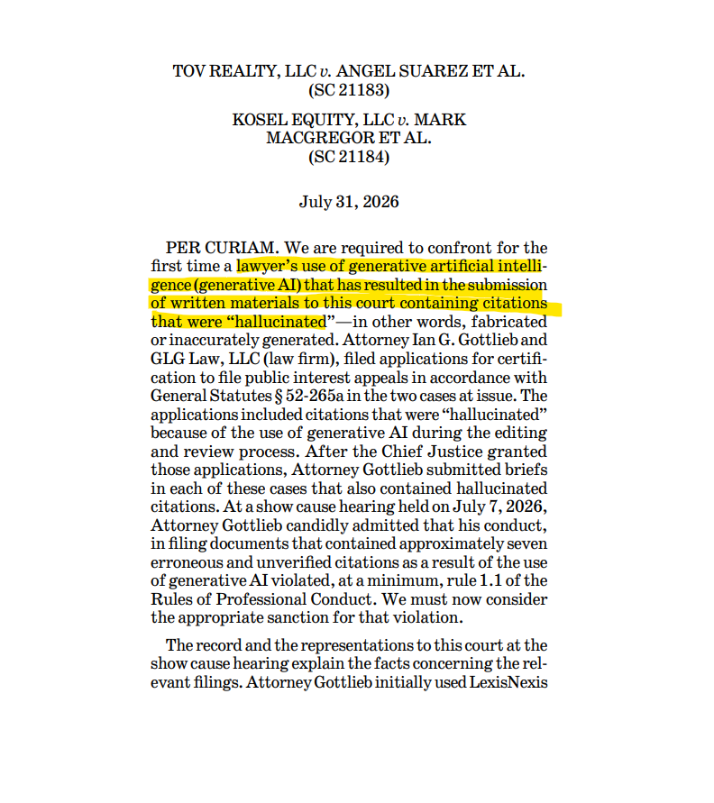 Highlighted page from the Connecticut Supreme Court order describing generative-AI-produced hallucinated citations in court filings