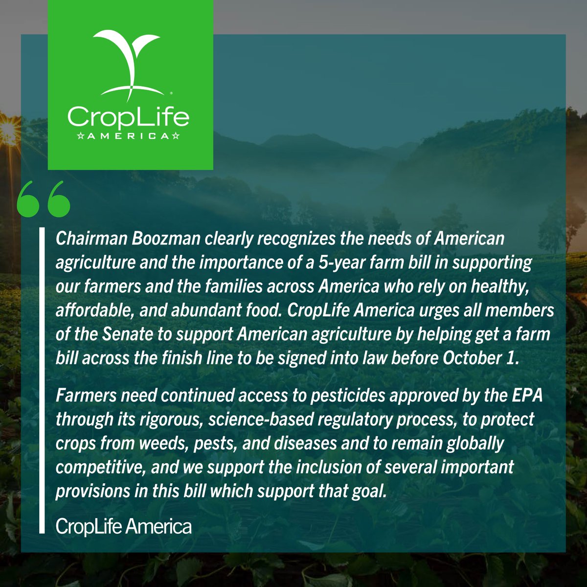 CropLifeAmerica's tweet photo. CropLife America appreciates Chairman @JohnBoozman advancing #FarmBill → https://t.co/M7WPyBb3E6

#FarmerVoicesMatter
#PeopleWhoFeedAmerica
#BuiltForFarmers https://t.co/gxmDRRkcW5