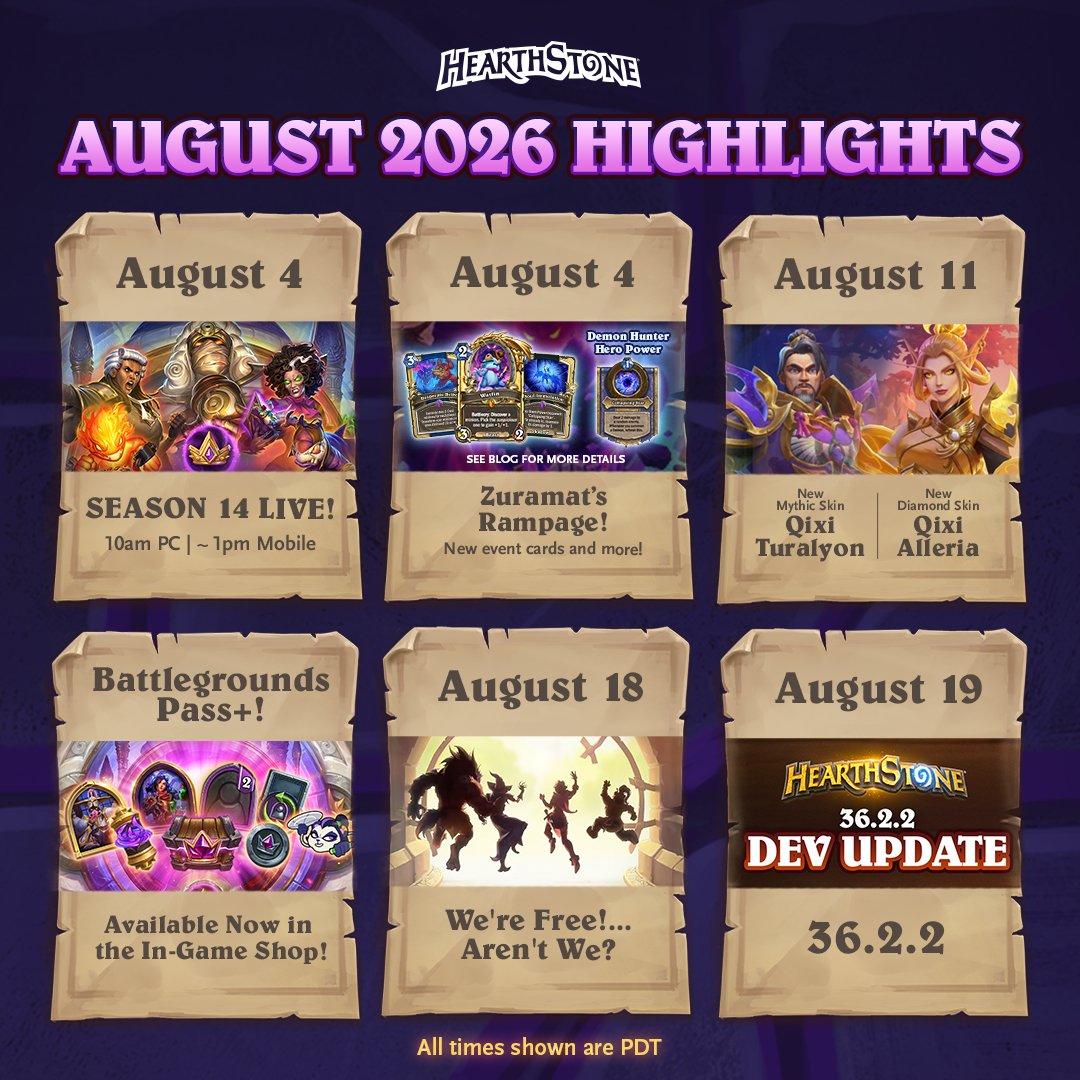 PlayHearthstone's tweet photo. ☀️ 😎 August is heating up! Here's a look at what's coming up this month.

Which highlight has your attention? 🤔 https://t.co/gH9O5tL3fs