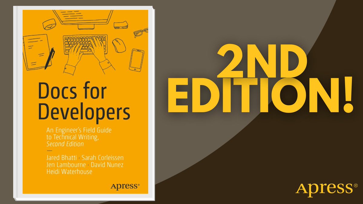 Apress's tweet photo. Great software needs great documentation. Learn how to create READMEs, API docs, tutorials, and release notes that help users succeed, reduce support requests & improve developer productivity from launch through maintenance. #TechWriting #DeveloperDocs
🔗 https://t.co/TvsNaqF4Ca https://t.co/G8r1bs7oo9