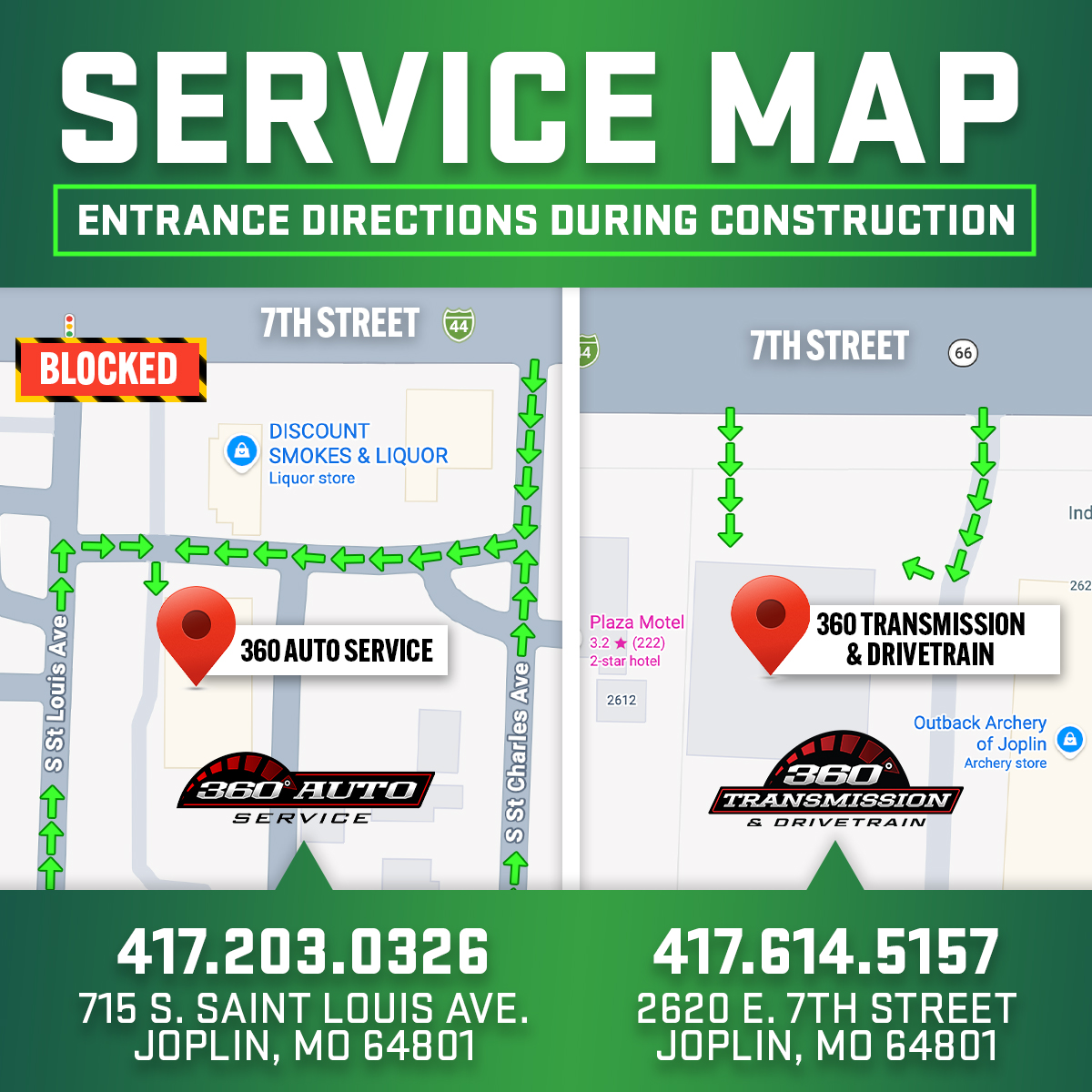 360_AutoService's tweet photo. 🚧 Update: 7th &amp; Saint Louis blocked. Use alternate routes to reach 360 Auto Service &amp; 360 Transmission. Schedule service now! 👇 https://t.co/4E8J38T8YH #360AutoService #360TransmissionandDrivetrain #Directions #LocalAutoRepair https://t.co/nFvzFGAiv6