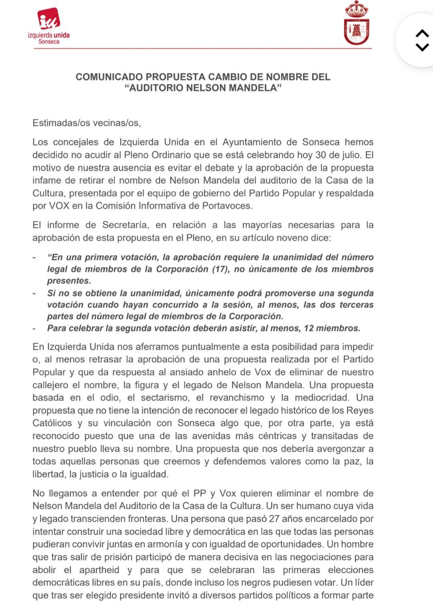 carlossmato's tweet photo. PP y Vox son racistas.
Y les gusta dejarlo claro.
Han aprobado quitar el nombre de Nelson Mandela del Auditorio de la Casa de Cultura en Sonseca y sustituirlo por Reyes Católicos.
Así son esta gentuza.
Retroceden 6 siglos.
Gracias a @IUSonseca por intentar evitarlo https://t.co/OVc3G3HQGQ
