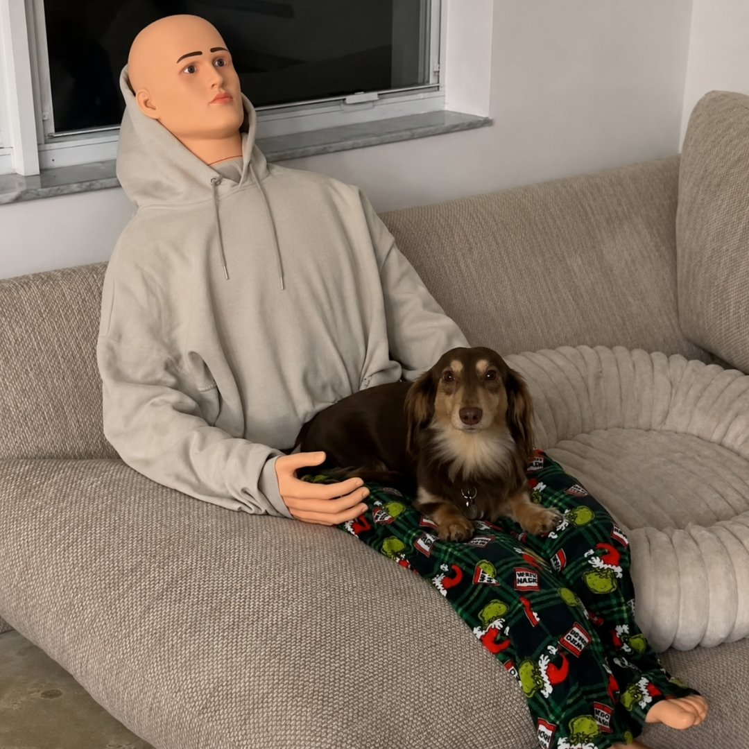 pusholder's tweet photo. ABD'de bir kişi, ayrılık kaygısını azaltmak amacıyla köpeğine cansız manken aldı. https://t.co/O4FYuT1Ikl