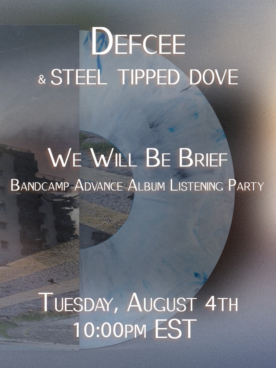 fusedarrow's tweet photo. 🕰️🕰️🕰️ 

We Will Be Brief  Dropping this Friday.   

@defcee x @steeltippeddove 

Advance online listening party, on Bandcamp, tomorrow night, 10pm EST   

Defcee performing live in Brooklyn, Thursday evening - Another Rap Show - 830pm EST - Secret Pour, 1114 Dekalb Ave https://t.co/lLbfs8ovXK