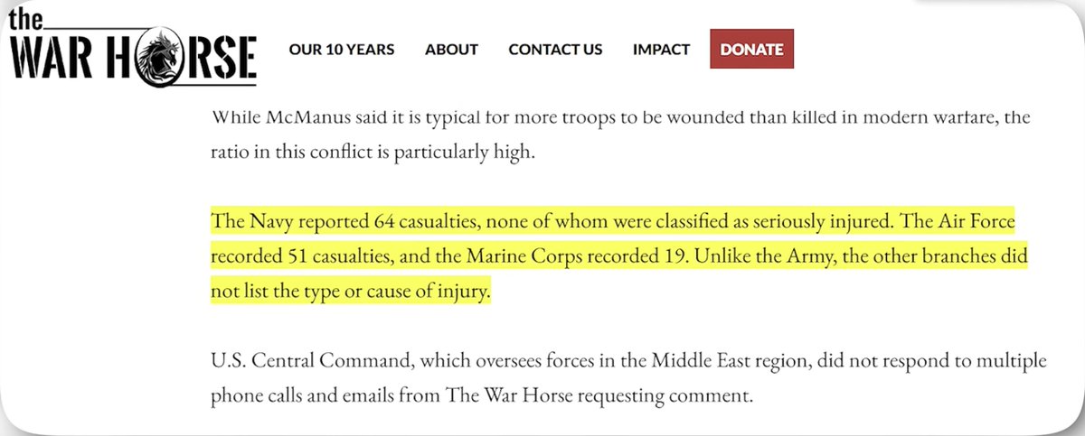 TwilightDewy's tweet photo. #NEW: 🇺🇸 Navy logged 64 casualties none serious Air Force 51 and Marines 19 in the Iran war. Other branches gave no injury details unlike the Army
––The War Horse
#IranWar #USTroops #MilitaryCasualties https://t.co/qU1Sry8ZMz