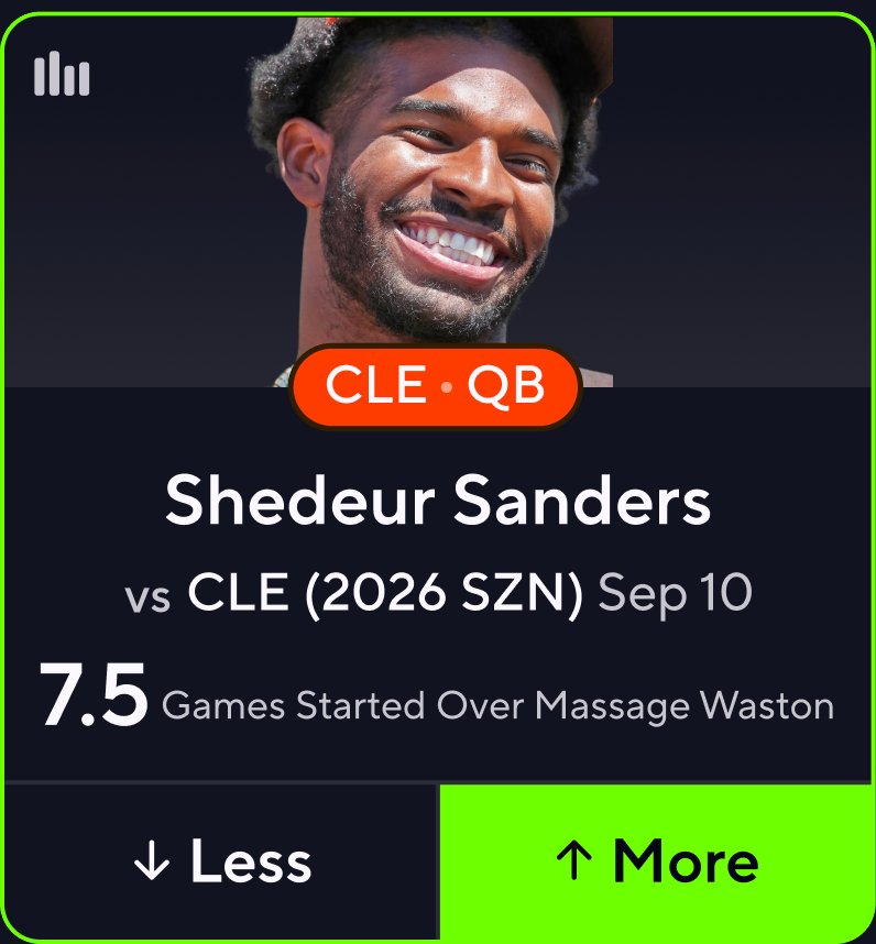 BRENTBURRISBET's tweet photo. ๐จ NFL PROP ALERT ๐จ
Shedeur Sanders OVER 7.5 Games Started.
Are you taking the OVER or UNDER? ๐๐
#NFL #NFLPicks #NFLProps #NFLBetting #SportsBetting #Football #SportsPicks #BettingTwitter #GamblingX #SportsBettor https://t.co/CcgKpitstr