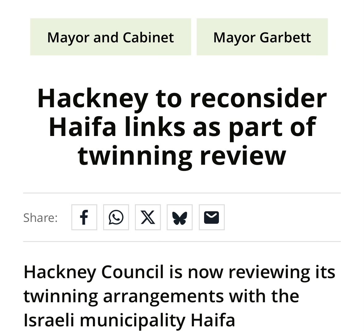 MaximeChampion's tweet photo. La nouvelle maire « Green » d’Hackney enclenche le processus de rupture du Jumelage avec Haïfa 

"… maintaining a civic connection with what is widely recognised is a military port city is fundamentally at odds with our anti-racist values.”

Une réaction @BenoitPayan ? https://t.co/nvK66yGzrW